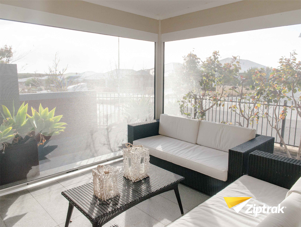 ziptrack blinds shown in outdoor setting